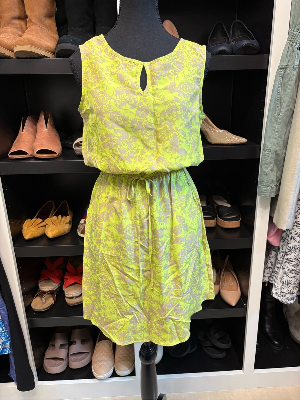 Charming Charlie Neon Yellow Floral Print with Tan Accents Sleeveless Dress